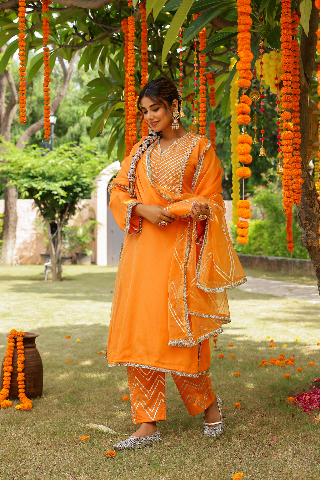 Festive Marigold Organza Kurta Set with Gota Work and Dupatta
