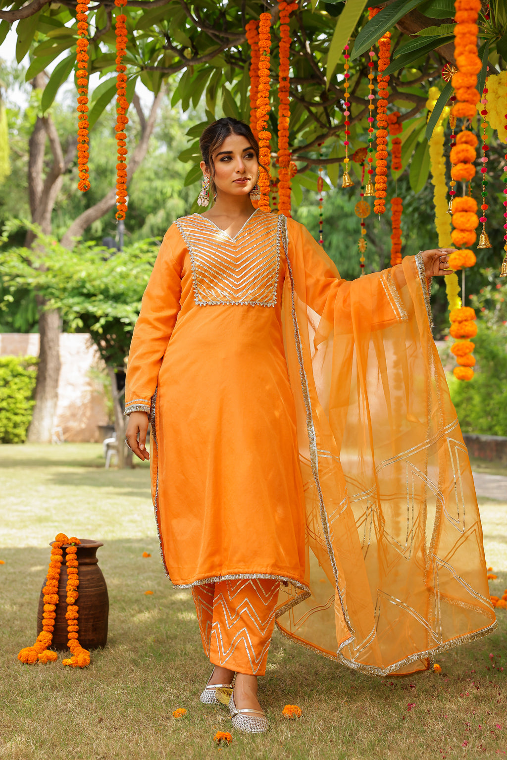 Festive Marigold Organza Kurta Set with Gota Work and Dupatta