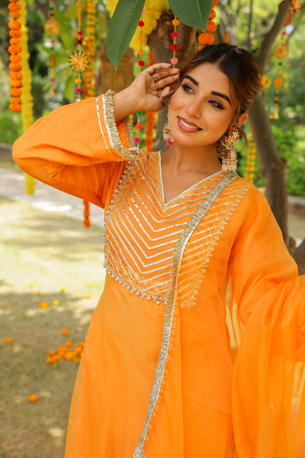 Festive Marigold Organza Kurta Set with Gota Work and Dupatta