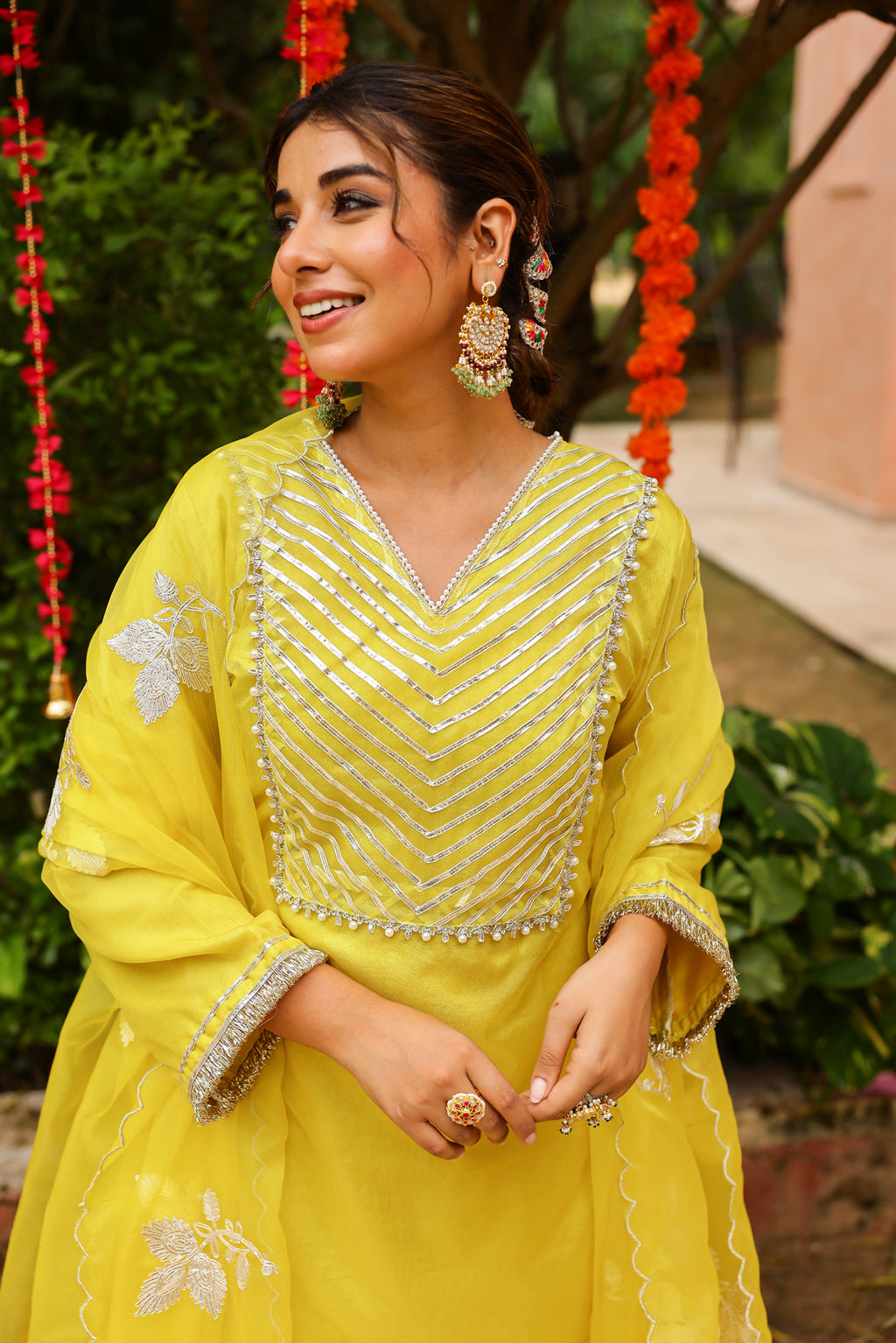 Golden Lime Organza Kurta Set with Intricate Gota Embroidered Dupatta