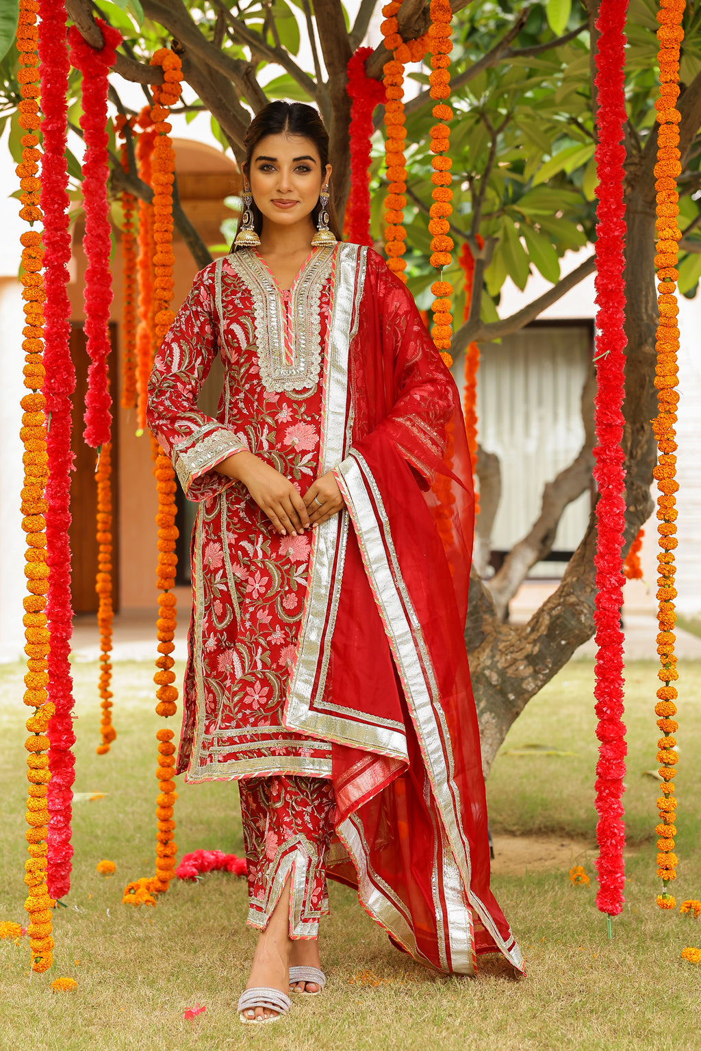 Regal Red Festive Gota Handblock Cotton Suit Set with Dupatta