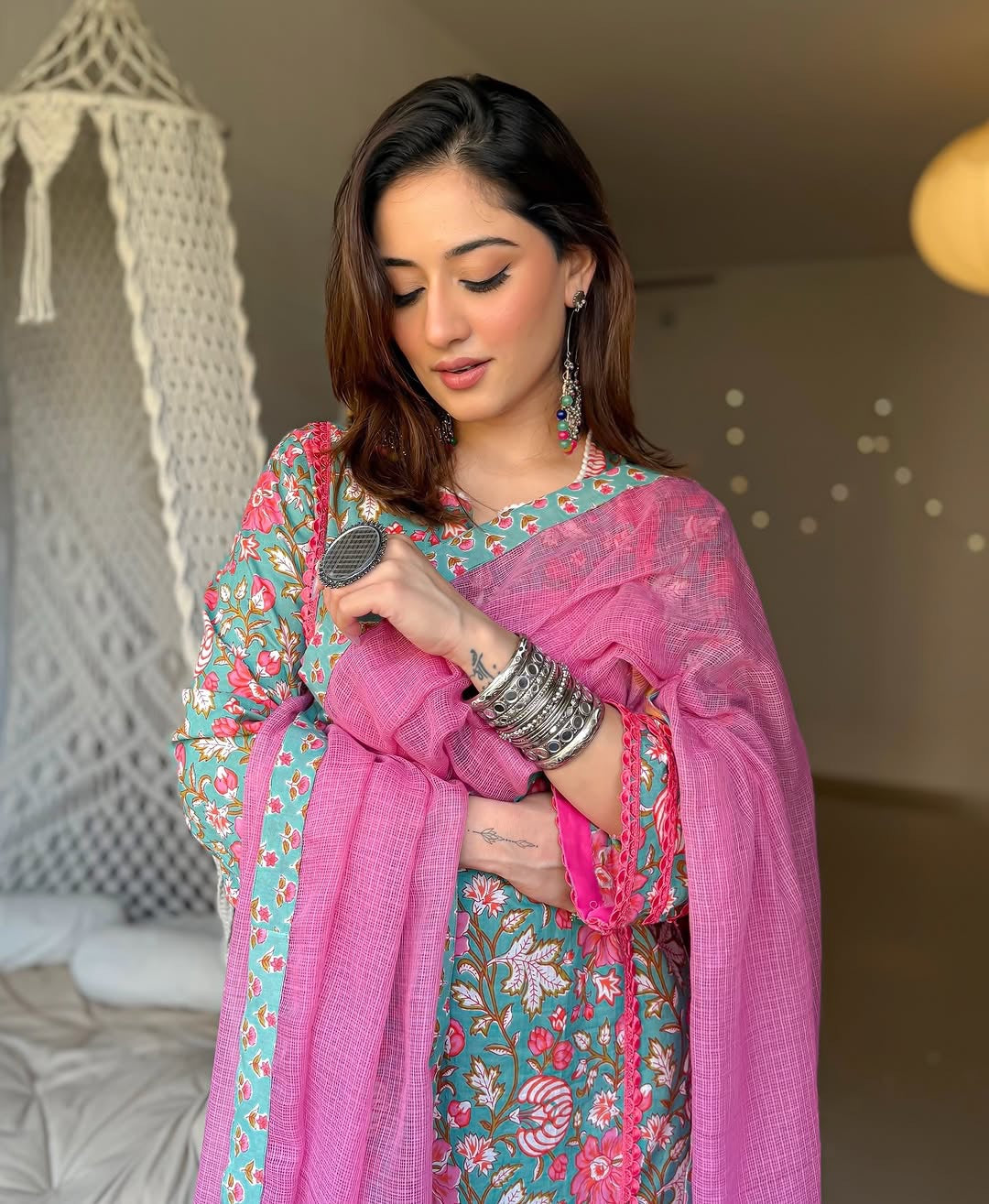 PURE COTTON FLORAL BUTA A-LINE LACE KURTA SET WITH DUPATTA