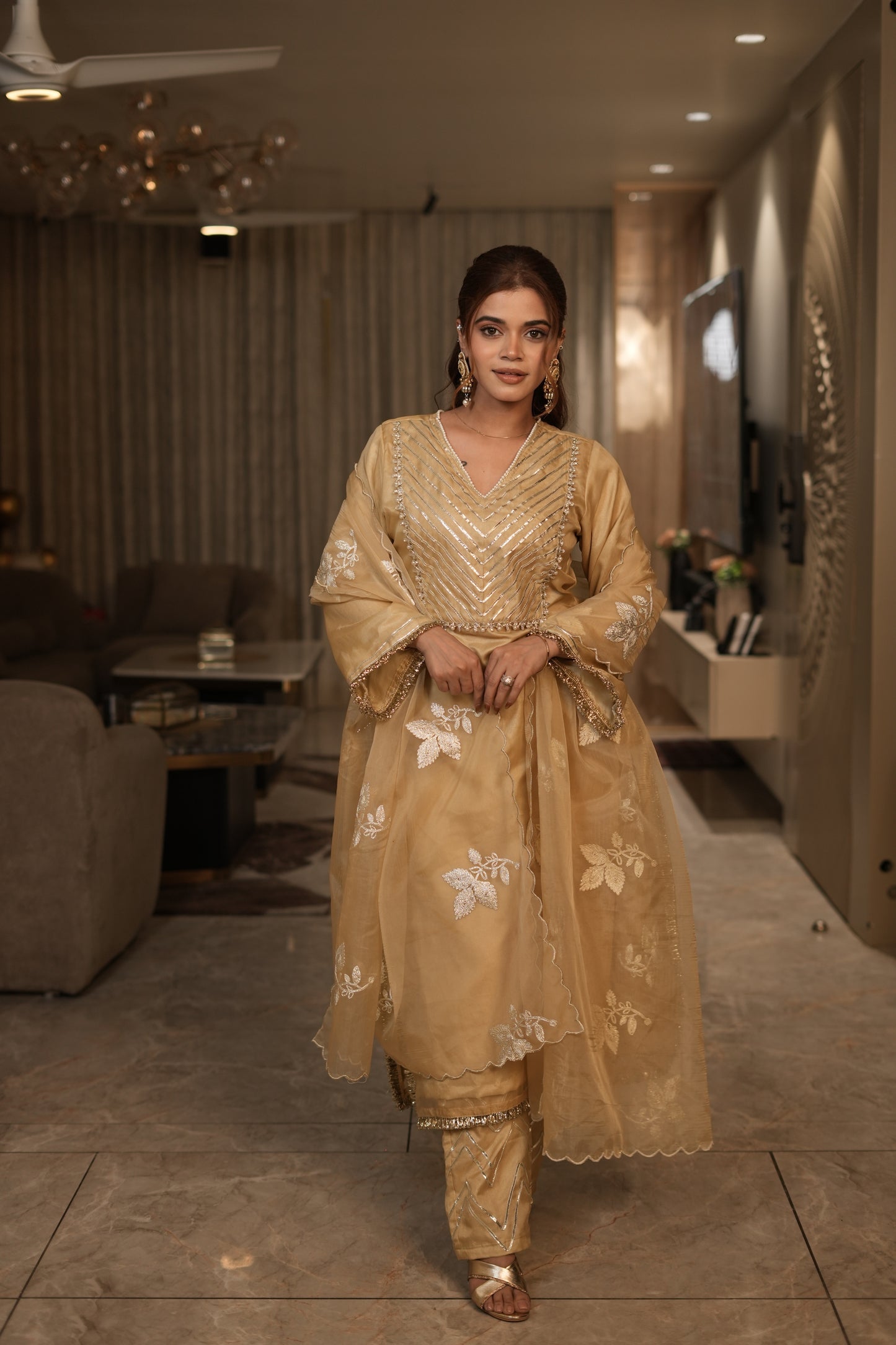 Beige Golden Organza Kurta Set with Intricate Gota Embroidered Dupatta