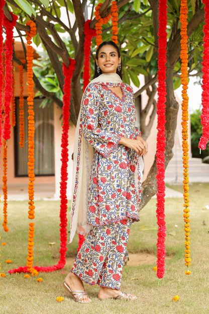 Cream Pink Floral Cotton Handblock Embroidered Kurta Set with Dupatta