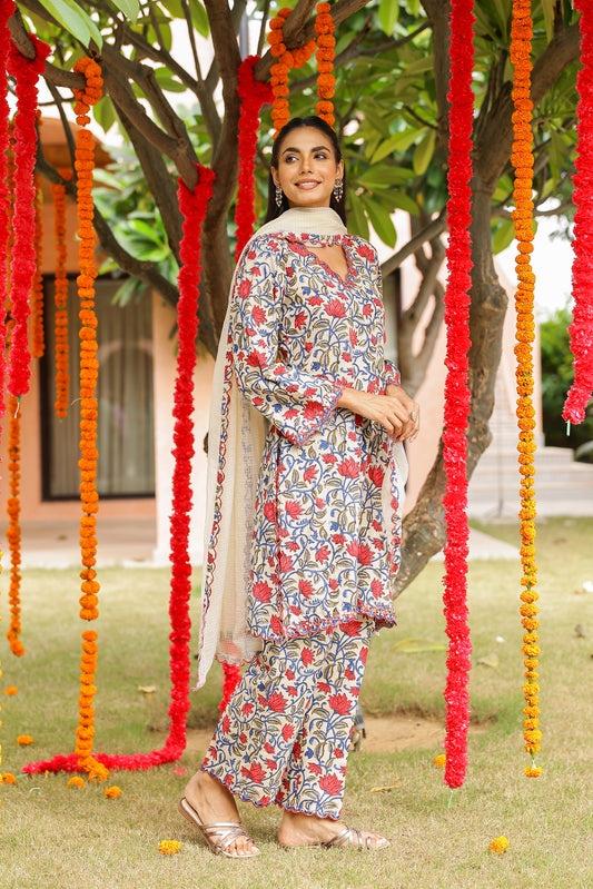 Cream Pink Floral Cotton Handblock Embroidered Kurta Set with Dupatta