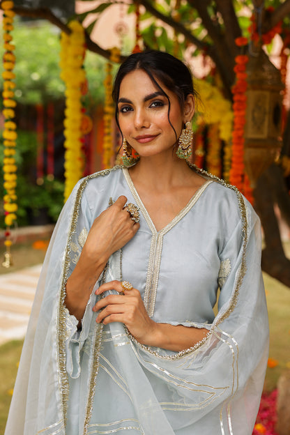 Powder Blue Organza Kurta Set with Gota Work and Dupatta