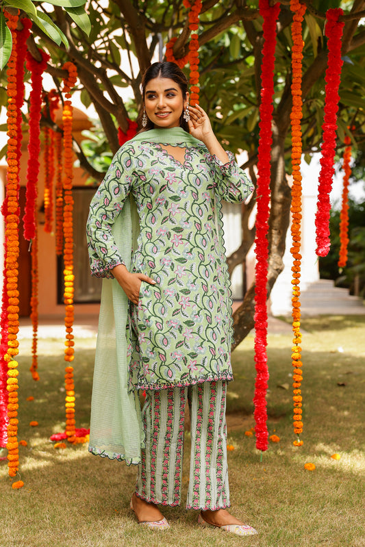 Mint Green Cotton Handblock Embroidered Kurta Set with Dupatta