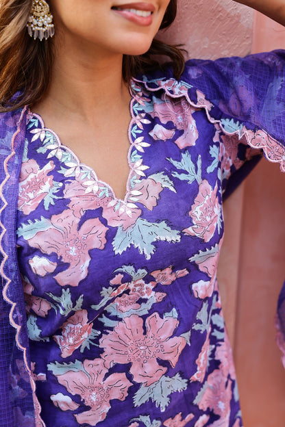 Royal Indigo Cotton Handblock Embroidered Kurta Set with Dupatta