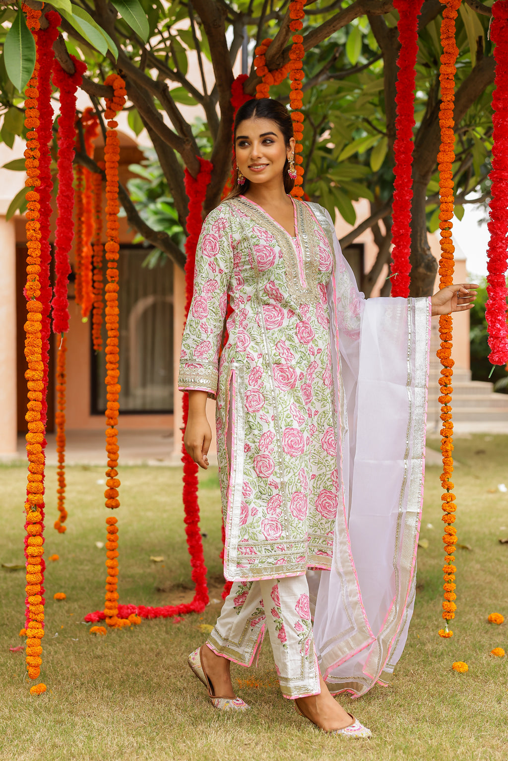 Blush Floral Elegance Gota Handblock Cotton Suit Set with Dupatta
