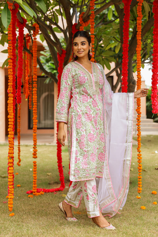 Blush Floral Elegance Gota Handblock Cotton Suit Set with Dupatta