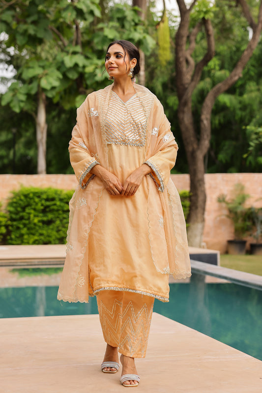 Pastel Peach Organza Kurta Set with Intricate Gota Embroidered Dupatta