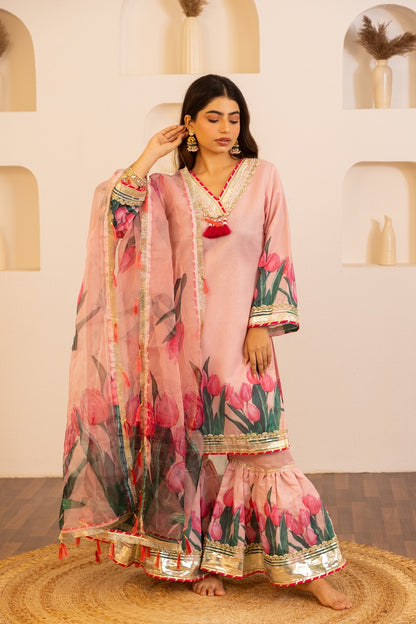 Jashn- Flamingo Pink Gharara Suit Set