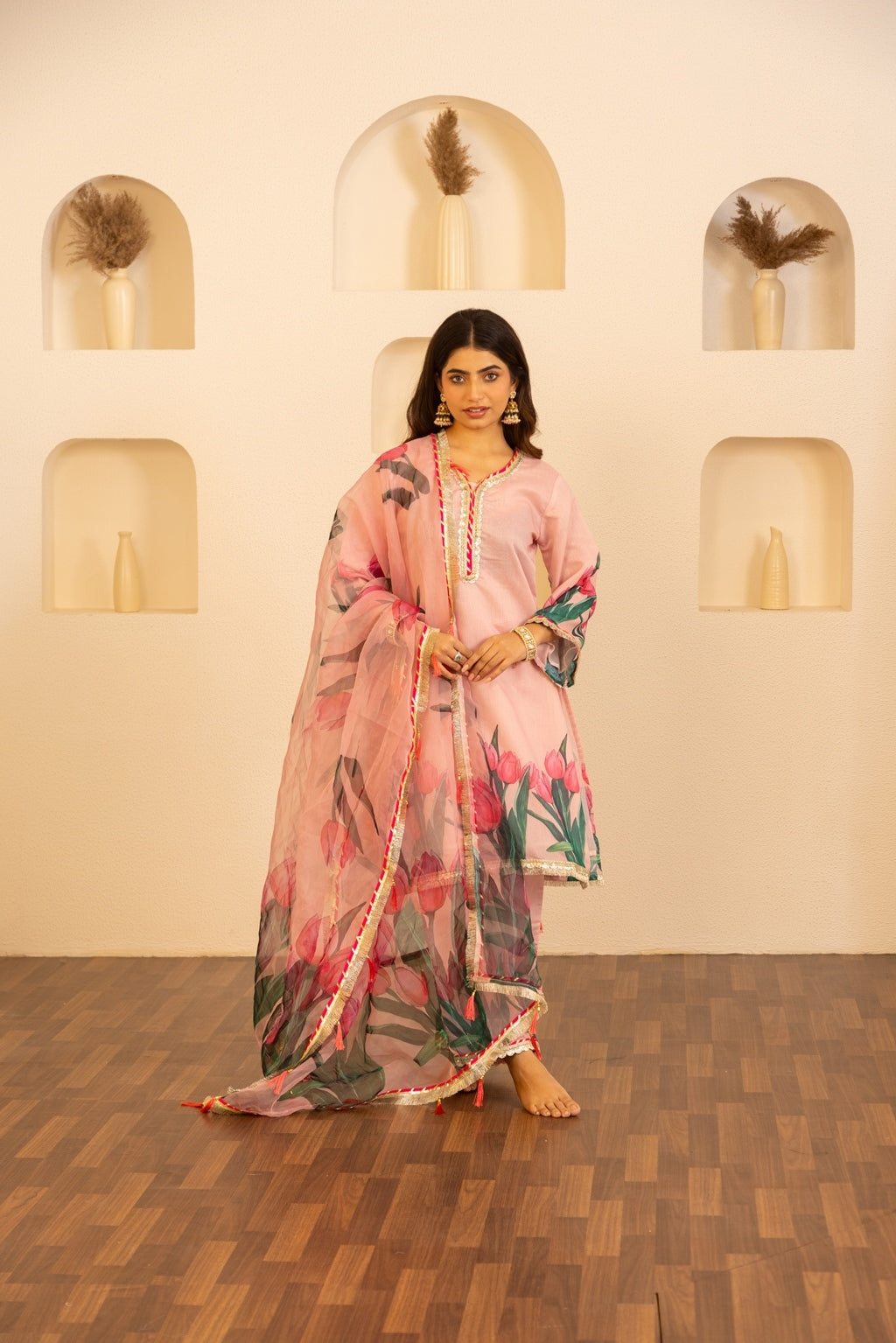 Jashn- Flamingo Pink Chanderi Suit Set