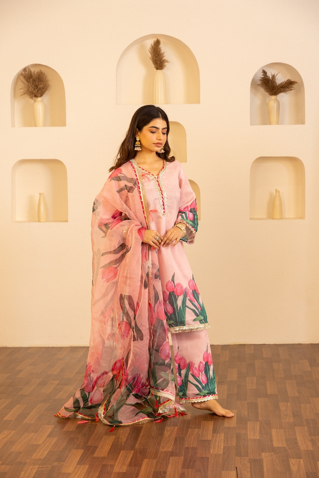 Jashn- Flamingo Pink Chanderi Suit Set