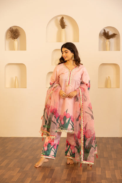 Jashn- Flamingo Pink Chanderi Suit Set