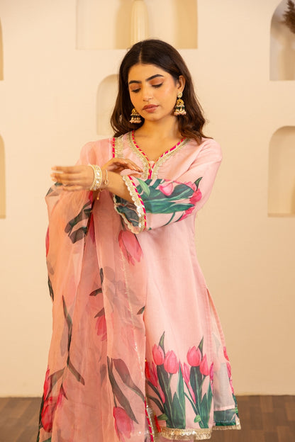 Jashn- Flamingo Pink Chanderi Suit Set