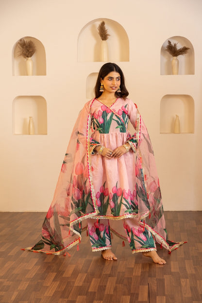 Jashn- Flamingo Pink Chanderi Suit Set