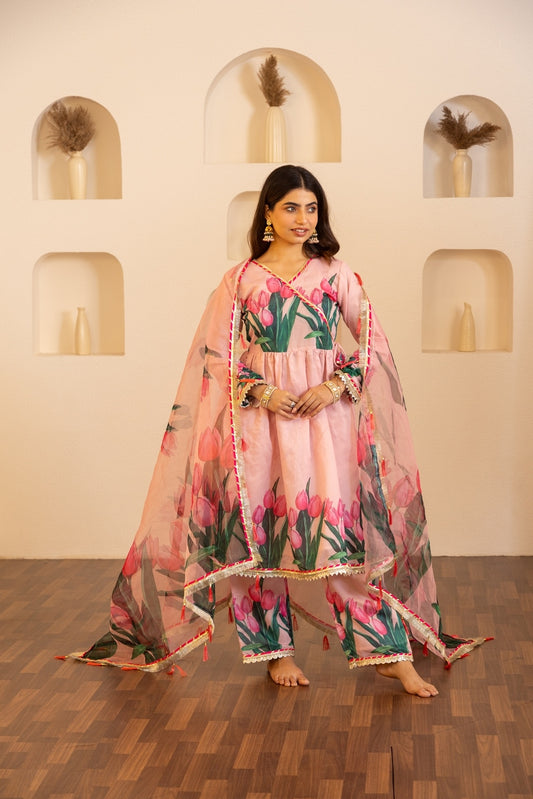 Jashn- Flamingo Pink Chanderi Suit Set