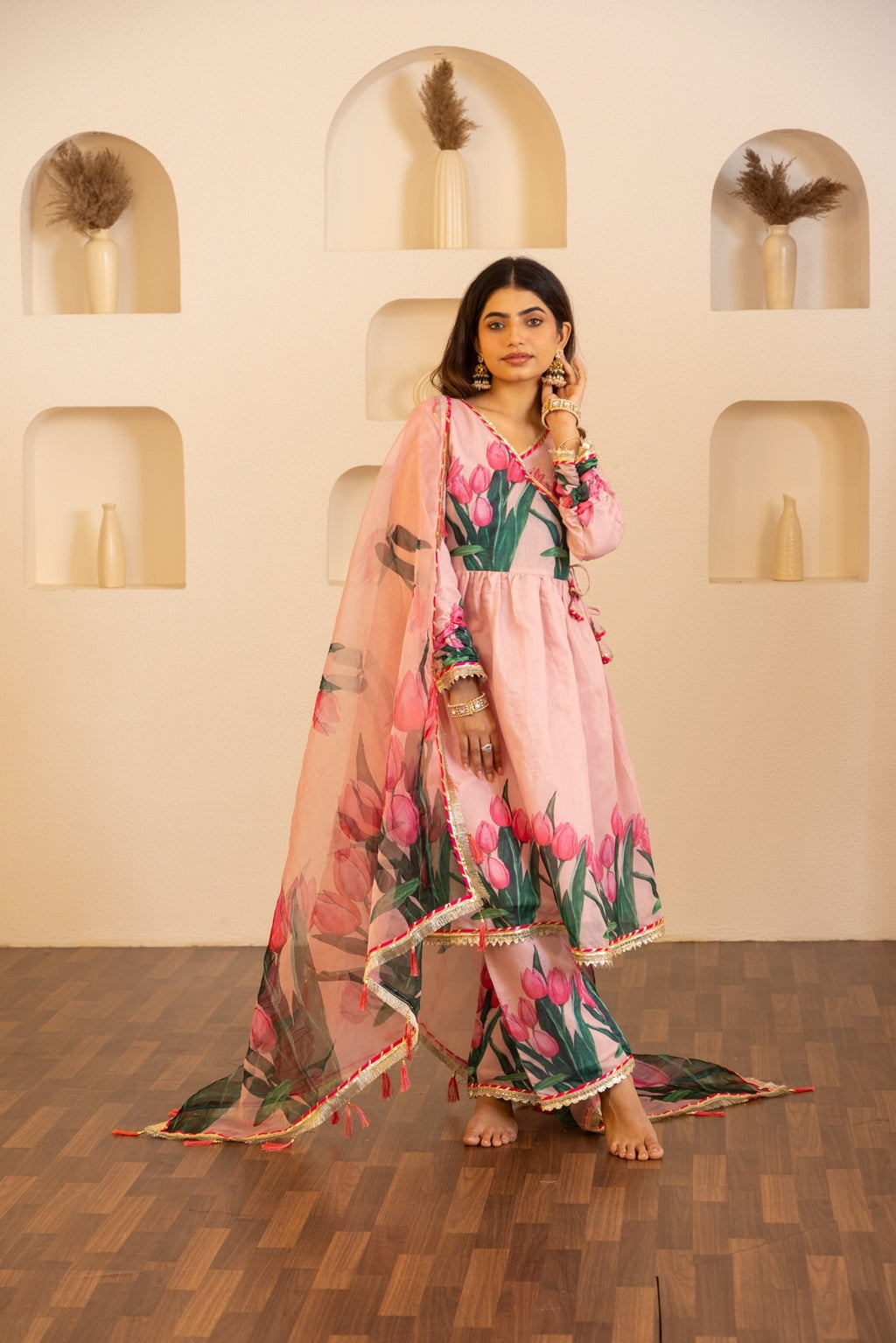 Jashn- Flamingo Pink Chanderi Suit Set