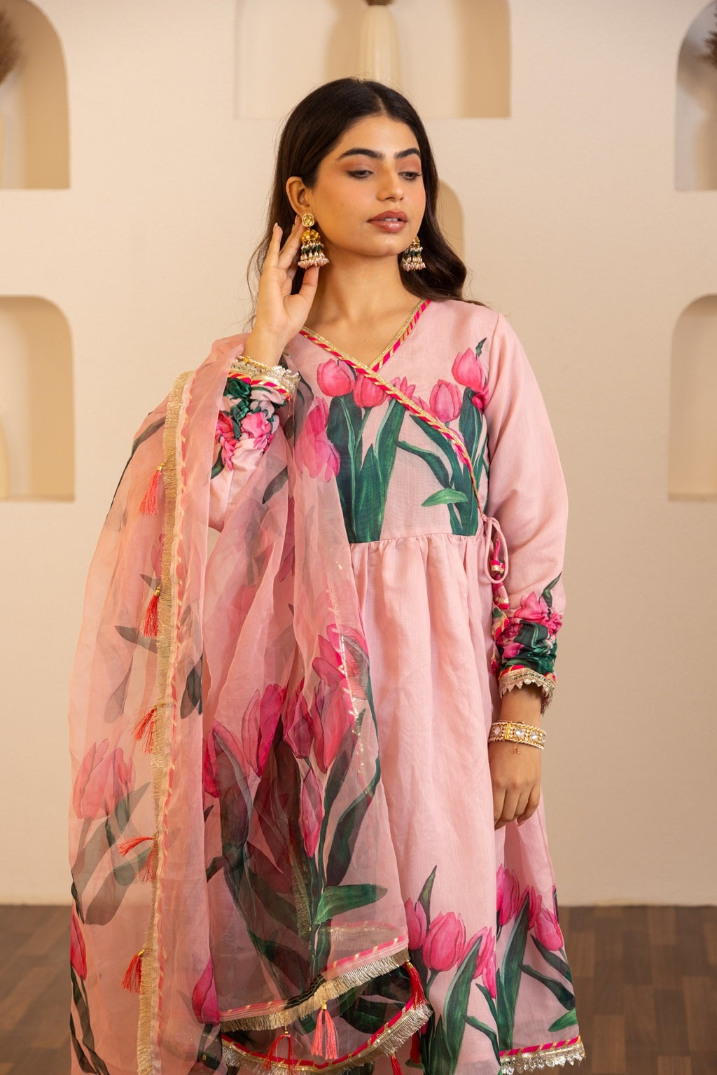 Jashn- Flamingo Pink Chanderi Suit Set