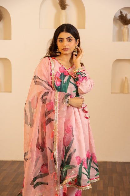 Jashn- Flamingo Pink Chanderi Suit Set