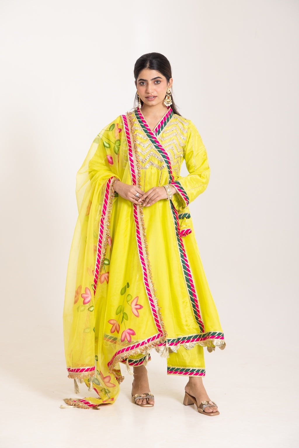 Jashn- Lime Green Gota work Angrakha Suit Set