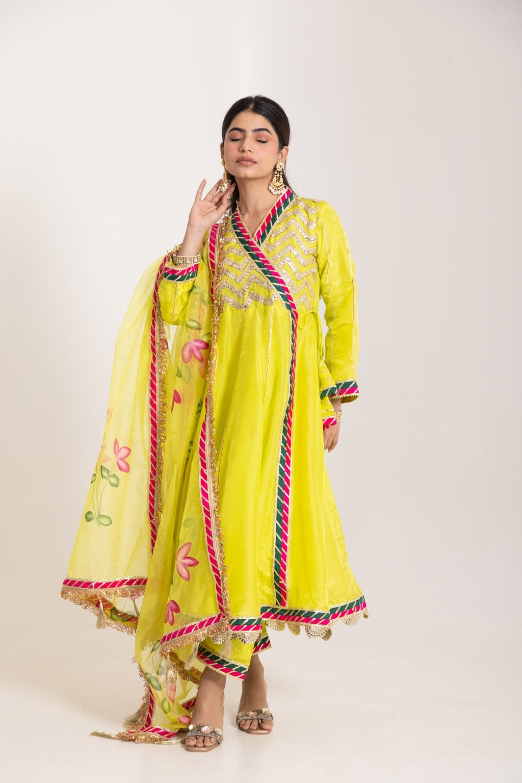 Jashn- Lime Green Gota work Angrakha Suit Set