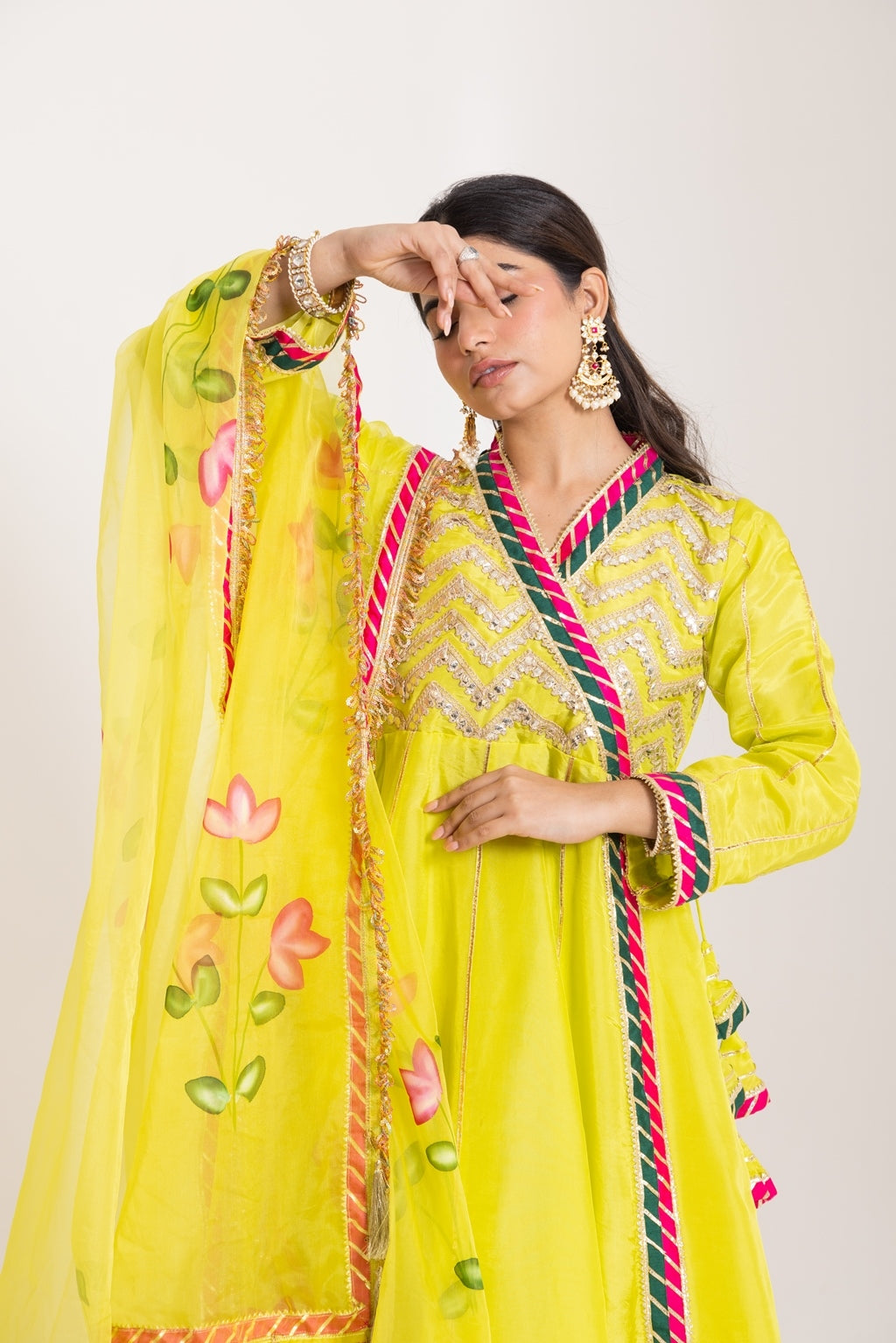 Jashn- Lime Green Gota work Angrakha Suit Set