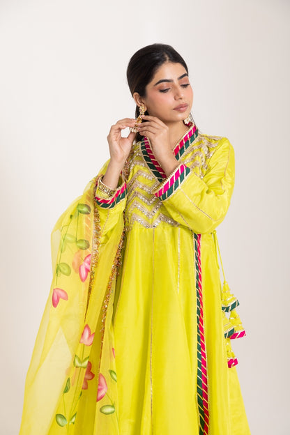 Jashn- Lime Green Gota work Angrakha Suit Set