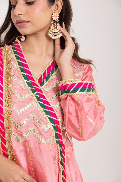 Jashn- Blushing Peach Gota work Angrakha Suit Set