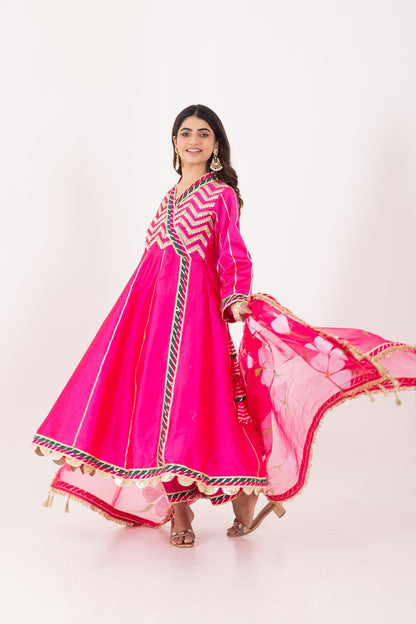 Jashn- Fuchsia Pink Gota work Angrakha Suit Set