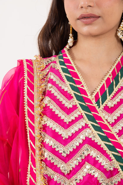 Jashn- Fuchsia Pink Gota work Angrakha Suit Set