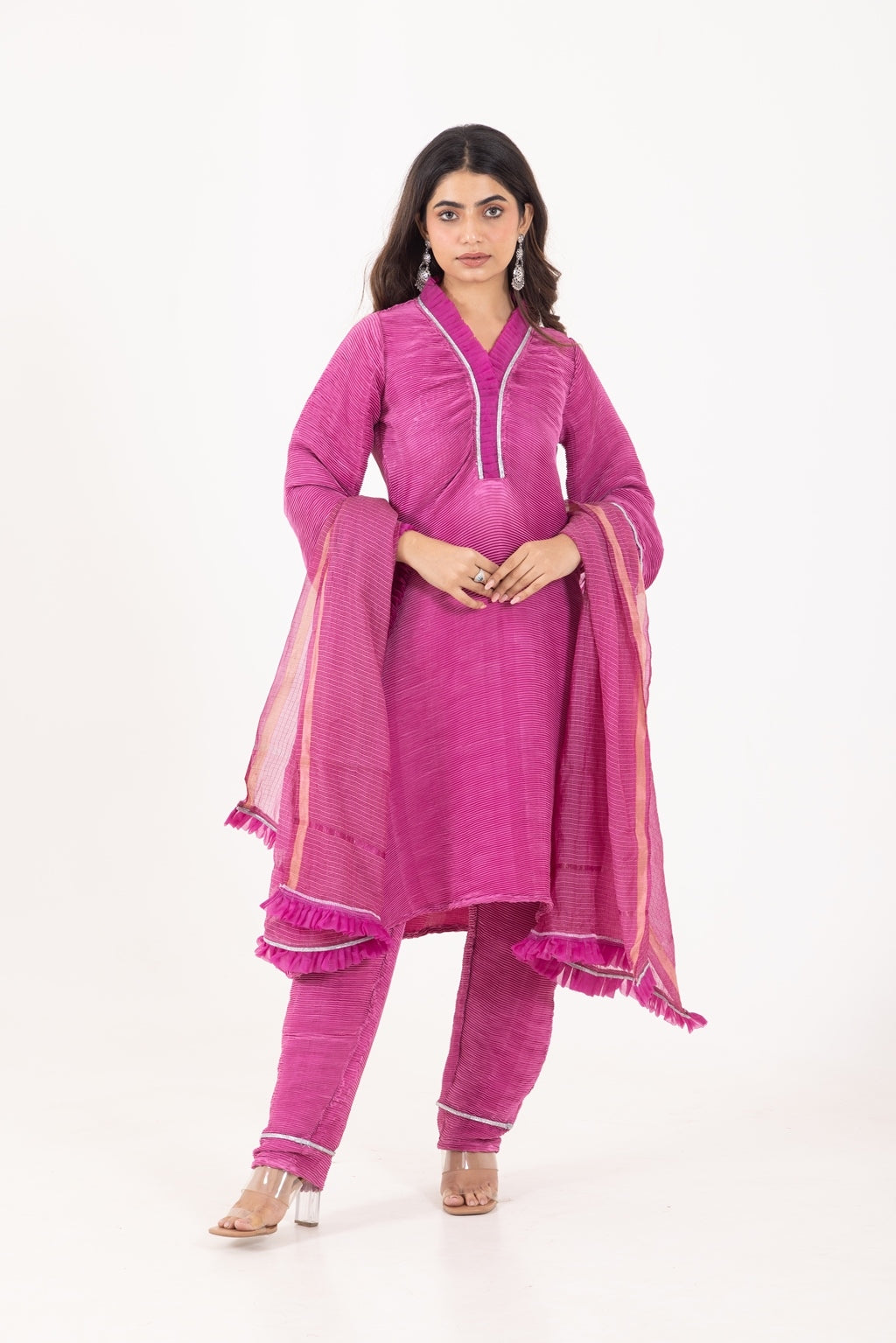 Jashn- Magenta Pink Pleated Suit Set