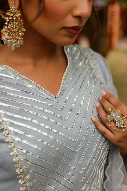 Powder Blue Organza Kurta Set with Intricate Gota Embroidered Dupatta