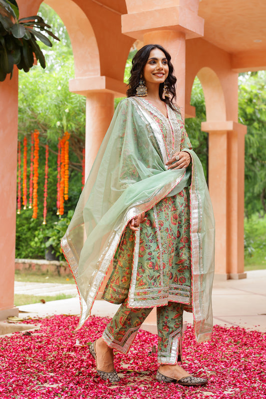 Sage Green Royal Festive Gota Handblock Cotton Suit Set with Dupatta