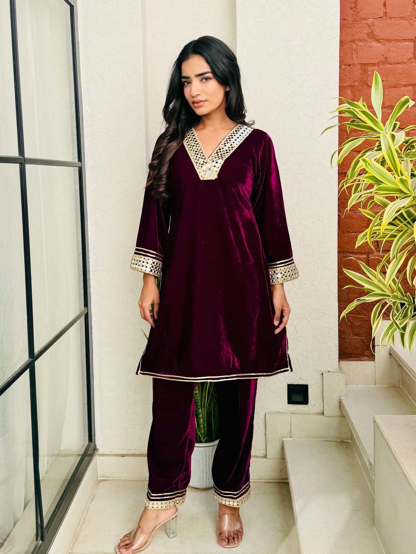 Ruby Wine Velvet Suit Set