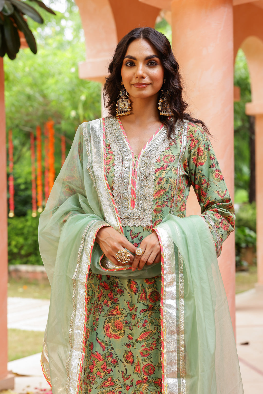 Sage Green Royal Festive Gota Handblock Cotton Suit Set with Dupatta