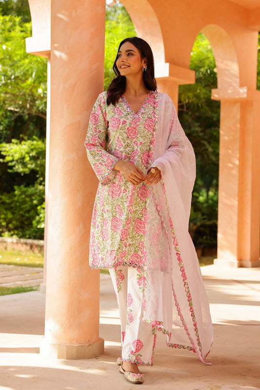 Pink Rose Cotton Handblock Embroidered Kurta Set with Dupatta