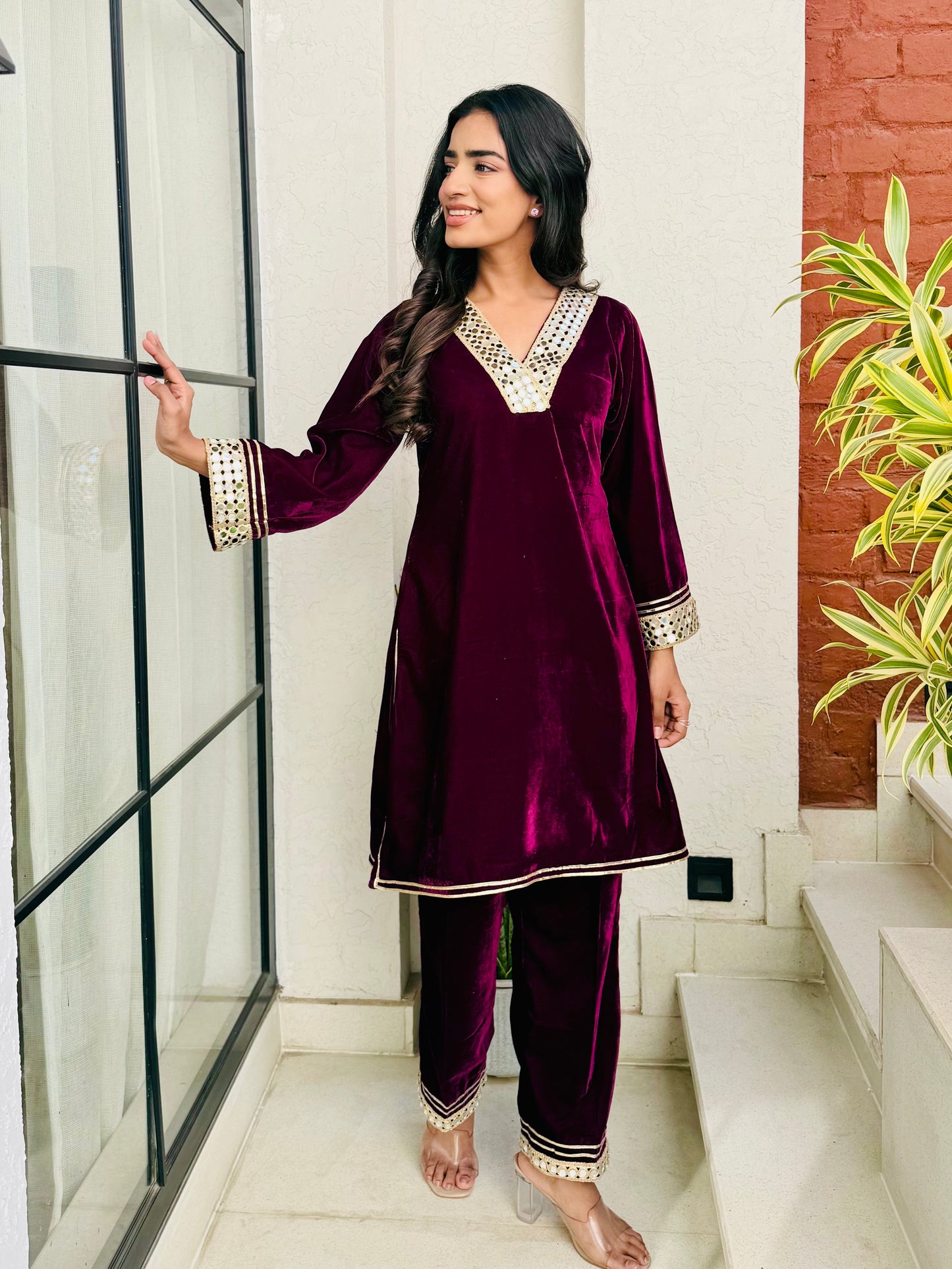Ruby Wine Velvet Suit Set