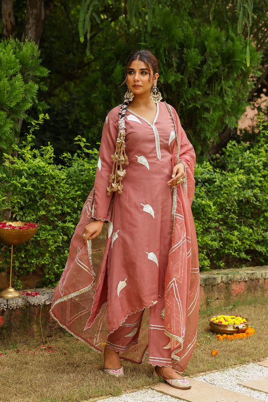 Vintage Pink Organza Kurta Set with Gota Work and Dupatta