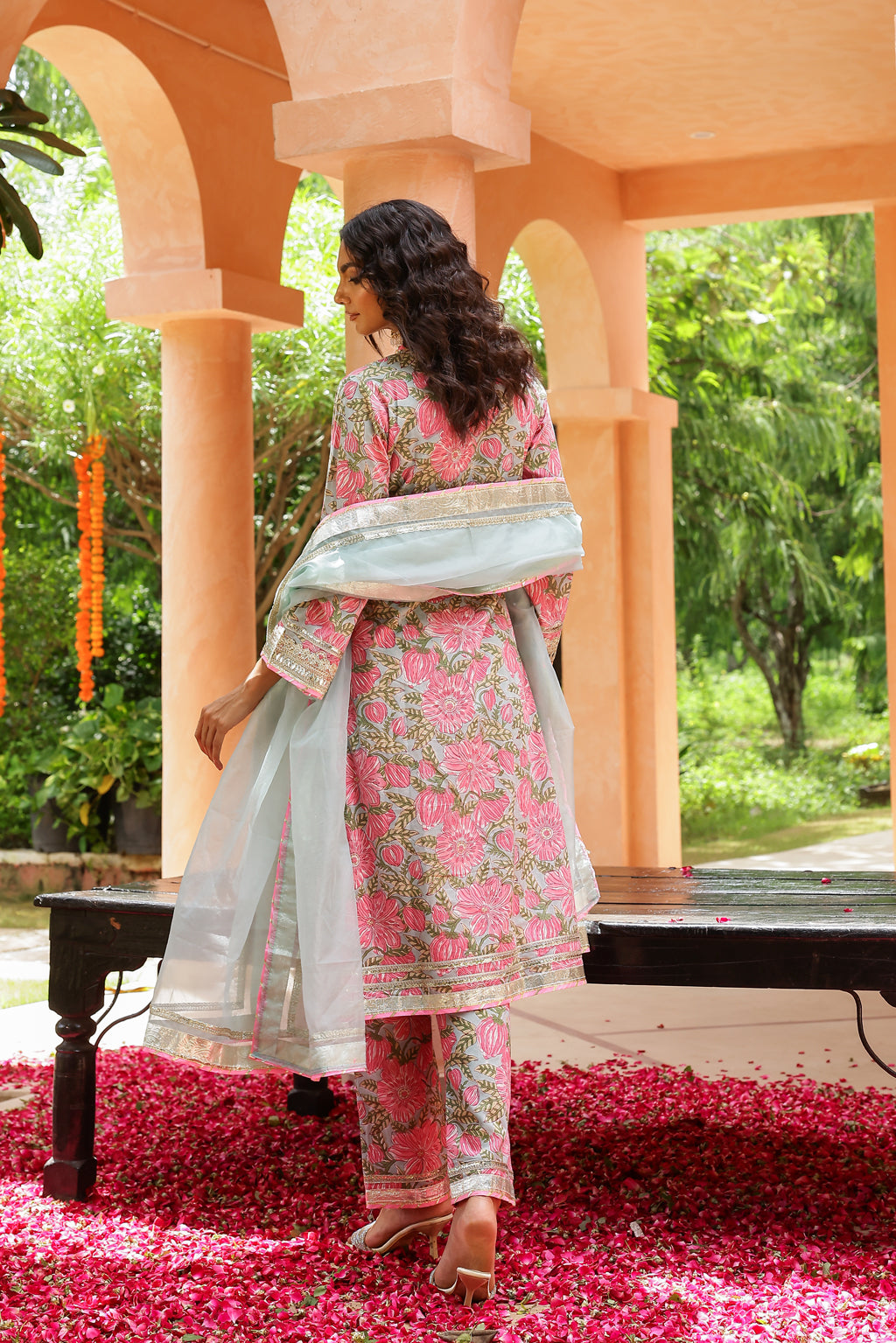 Pastel Blue & Pink Elegance Gota Handblock Cotton Suit Set with Dupatta