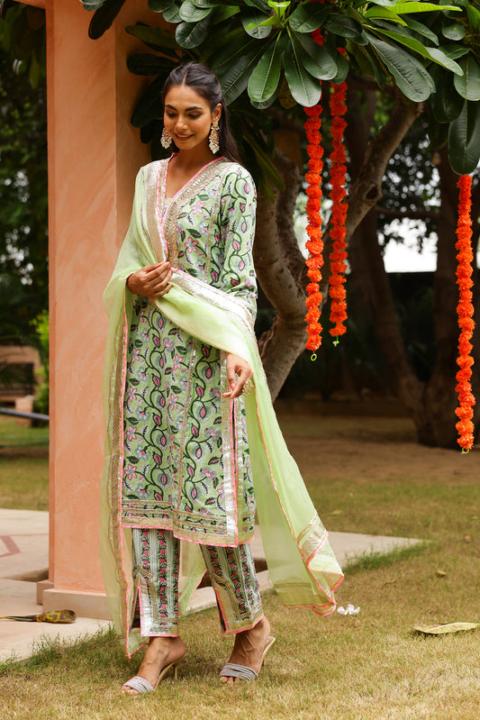 Mint Green Floral Festive Gota Handblock Cotton Suit Set with Dupatta