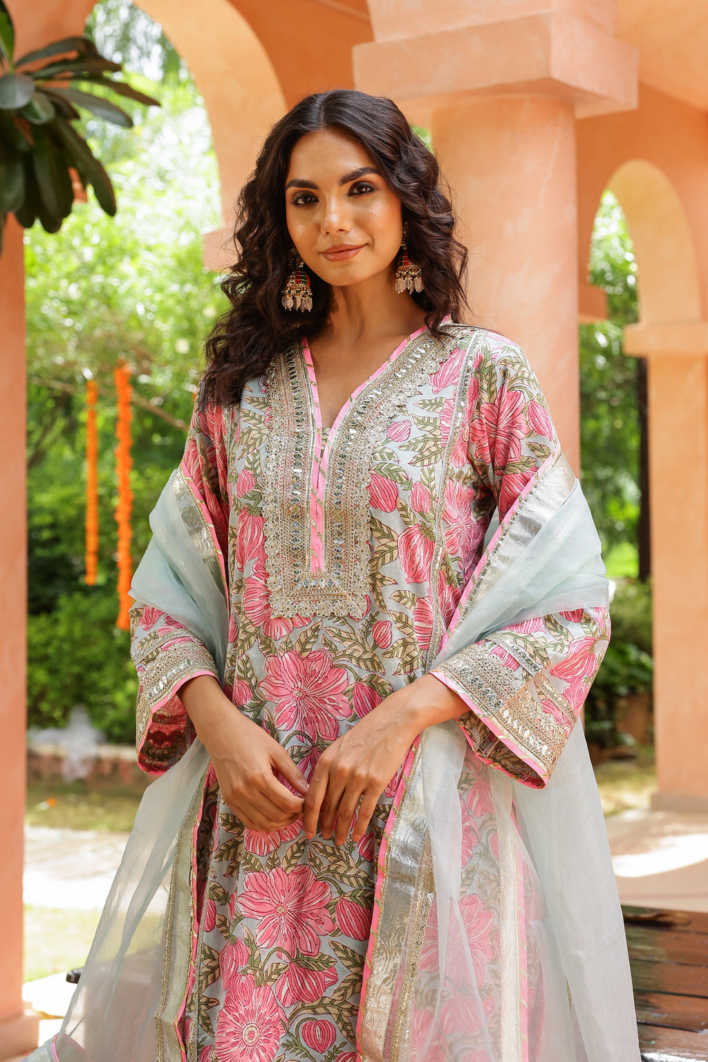 Pastel Blue & Pink Elegance Gota Handblock Cotton Suit Set with Dupatta