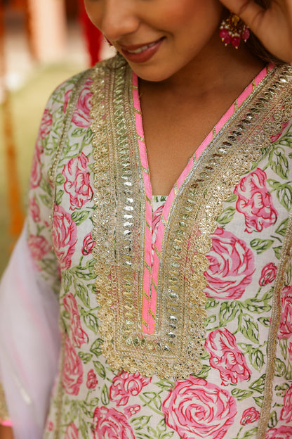 Blush Floral Elegance Gota Handblock Cotton Suit Set with Dupatta