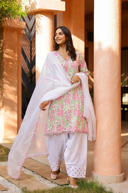 Pink Rose Cotton Handblock Embroidered Kurta Set with Dupatta