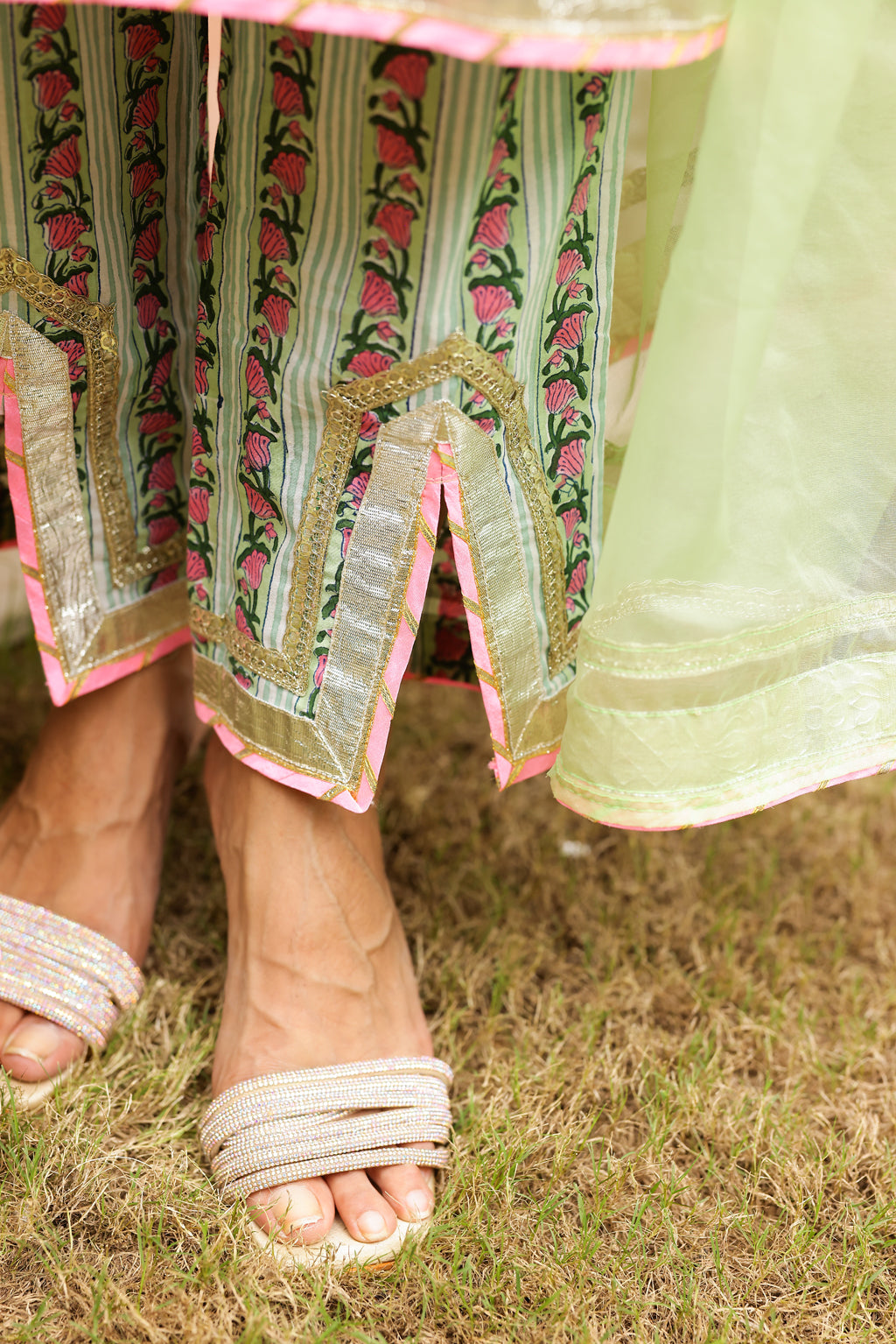 Mint Green Floral Festive Gota Handblock Cotton Suit Set with Dupatta