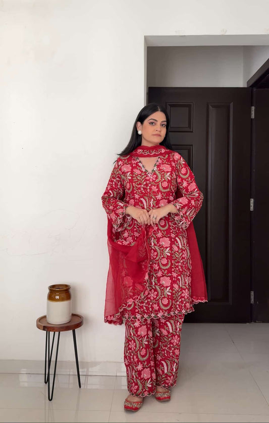 Cherry Red Floral Cotton Handblock Embroidered Kurta Set with Dupatta