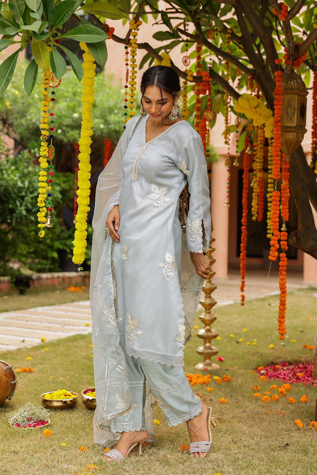 Powder Blue Organza Kurta Set with Gota Work and Dupatta