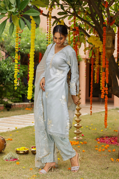 Powder Blue Organza Kurta Set with Gota Work and Dupatta