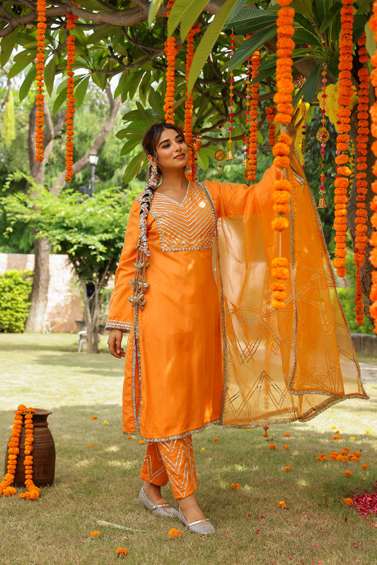 Festive Marigold Organza Kurta Set with Gota Work and Dupatta